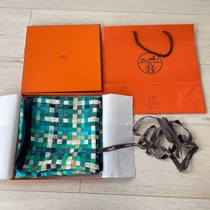 Hermes green blue pattern silk scarf 90cm by 90cm authentic.